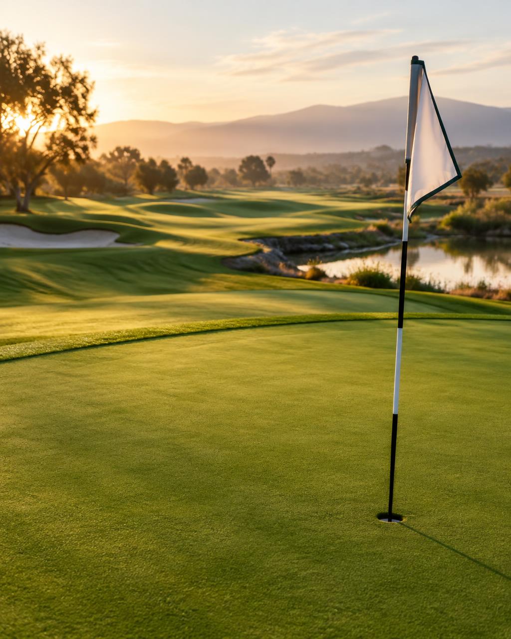 Manicured golf course green at sunrise