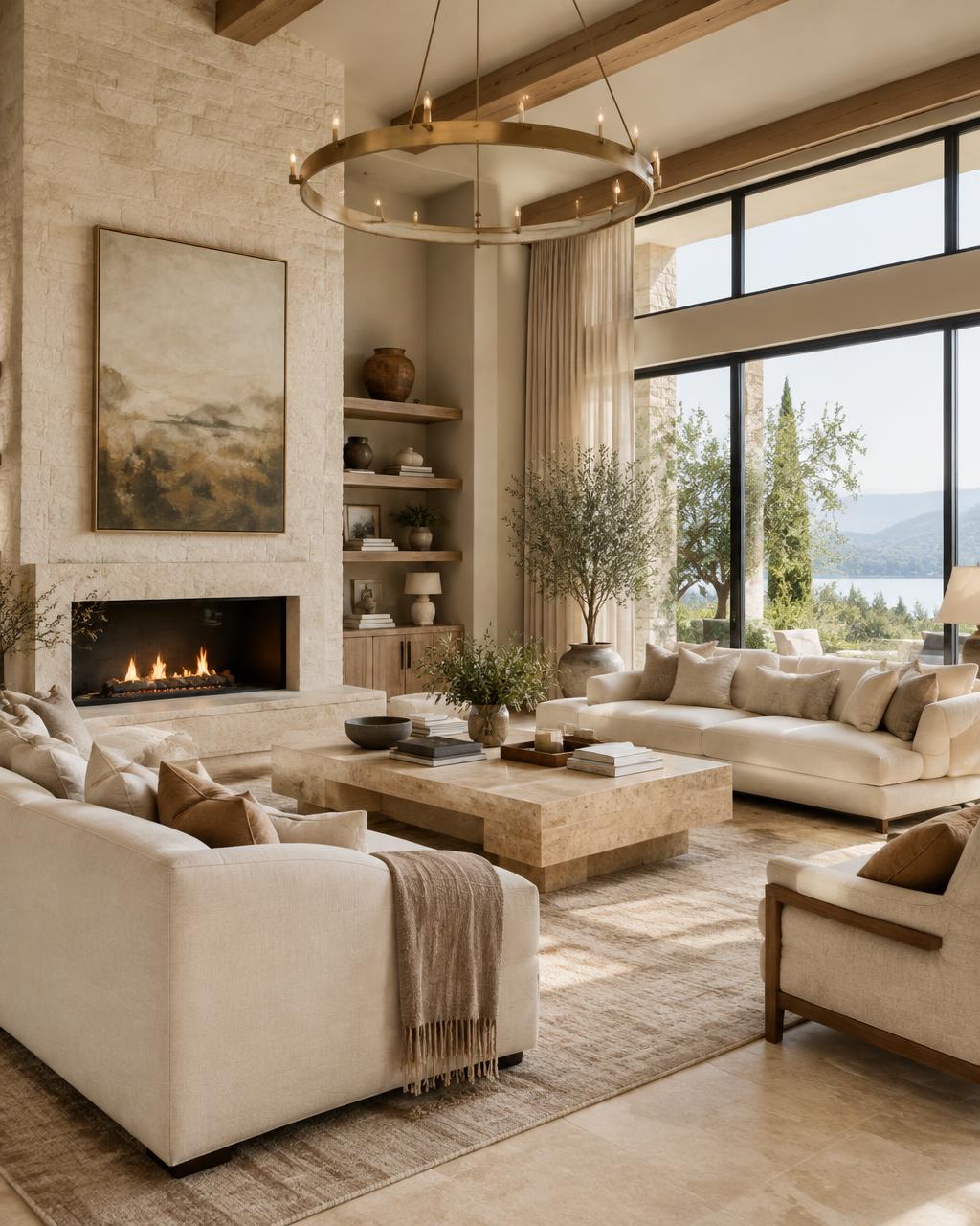 Elegant villa living room with warm neutral interiors