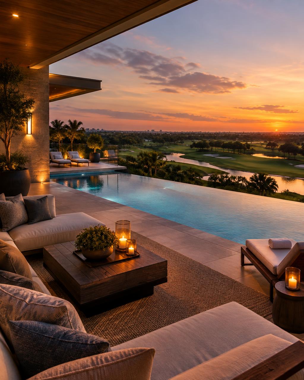 Rooftop pool terrace overlooking the golf course at dusk