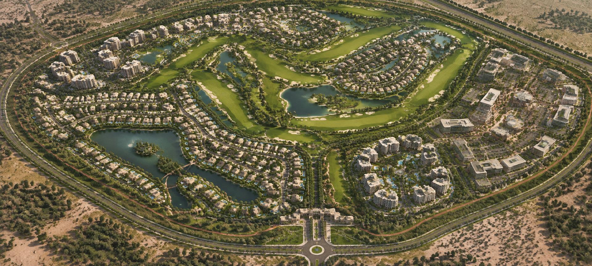 Aerial master plan of City Gate Compound showing the golf course, ring park, villas, apartments and business park
