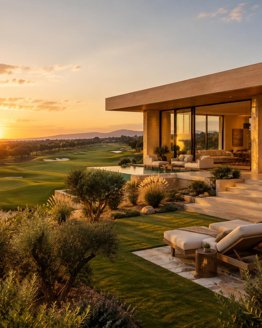 Jade Hills standalone villa with direct golf course views at golden hour